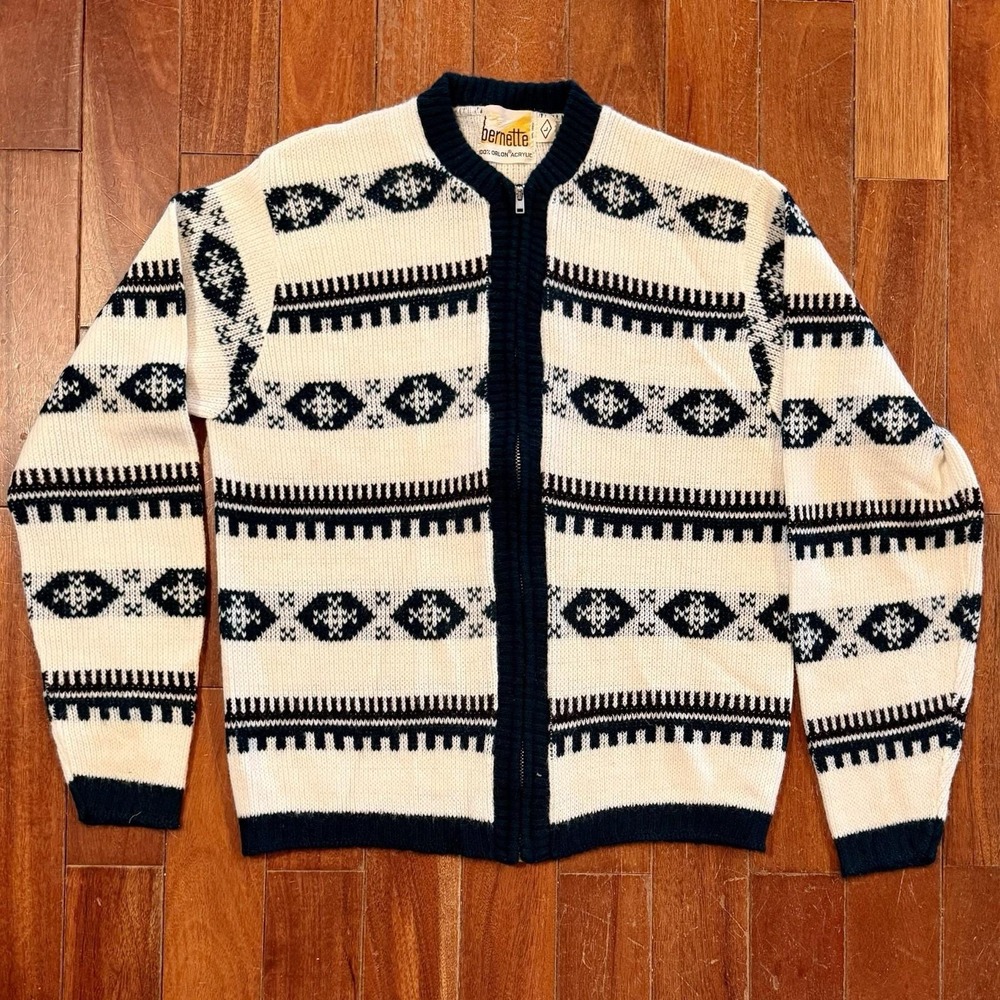 VTG Orlon Acrylic 1960s 60s MCM Men Sz L‎ Zip Christmas Cardigan Green Black